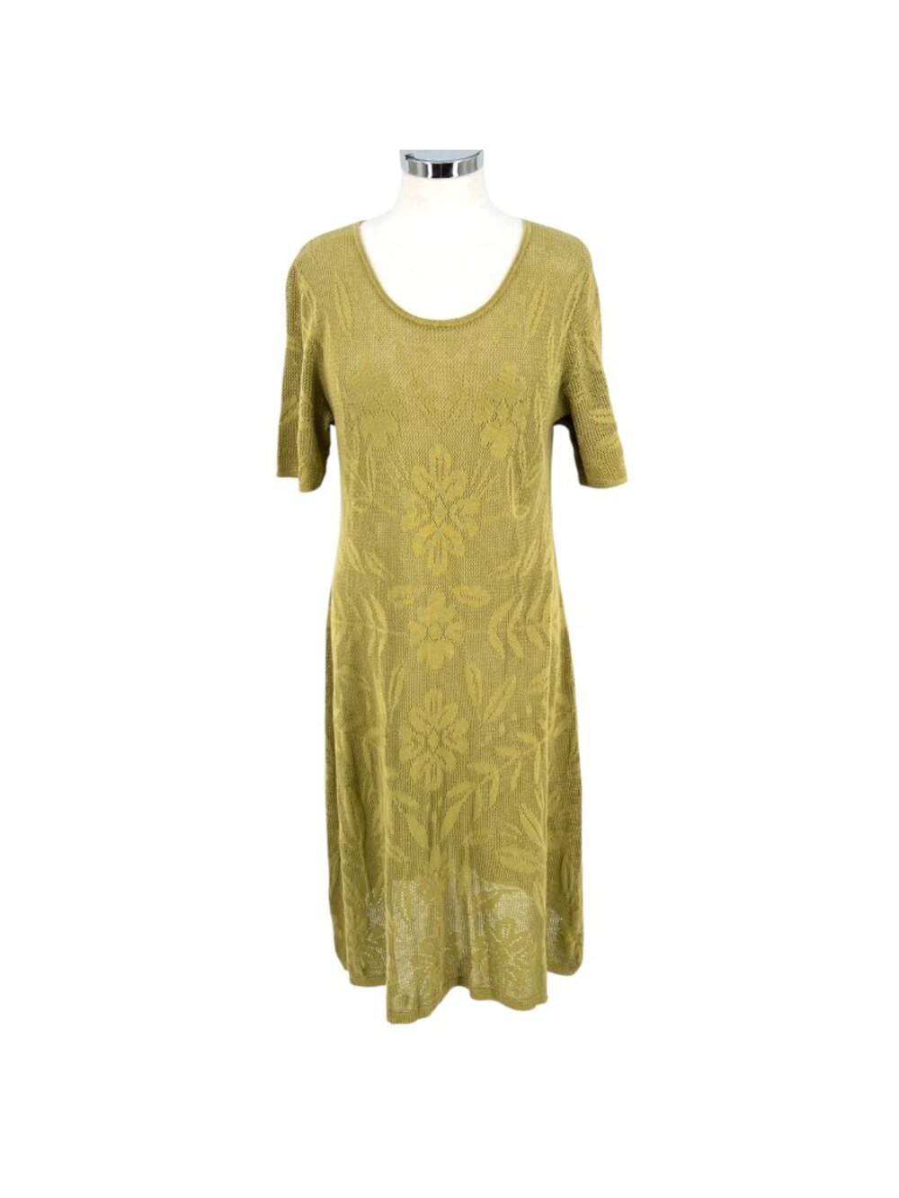 Gudrun Sjödén Open Knit Floral Dress Green Short Sleeve Scoop Neck Size Medium